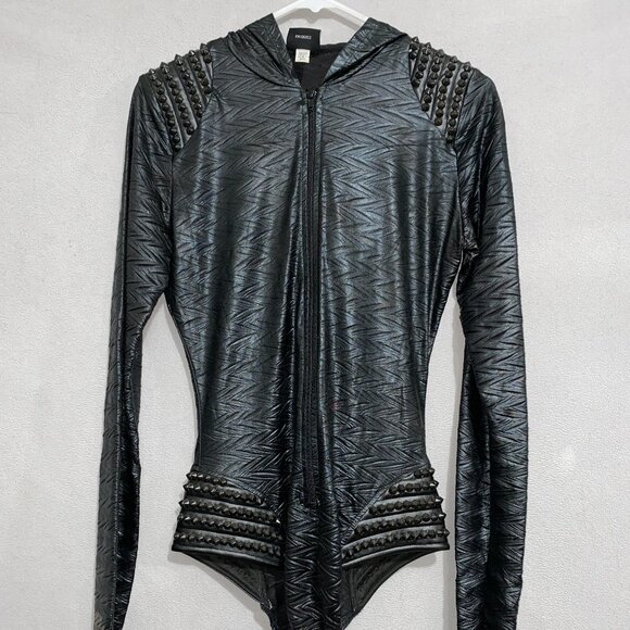 Ivy Lane Tops - Ivy Layne Studded Black Hooded Bodysuit M/L Made in USA Edgy Zip Front